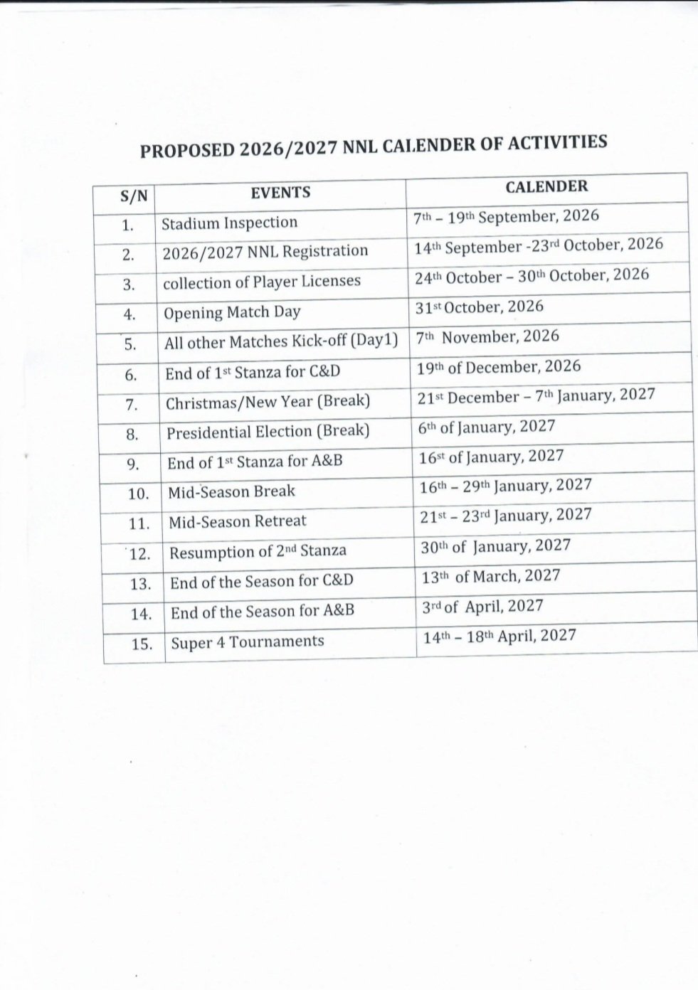 BREAKING: NNL RELEASES 2026/27 SEASON CALENDAR AS PREPARATIONS GATHER MOMENTUM